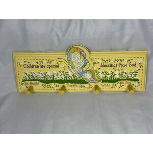 Vintage Homemade Butterfly Yellow Blessing Peg Wall Coat Robe Cap Rack Signed